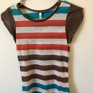 Brown white blue and red stripped top